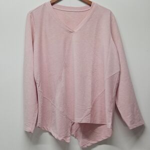 Woman Heathered Pink V-Neck Top Plus Size 1X Asymmetrical Hem Long Sleeve